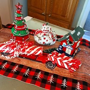 Christmas decor snowman 17" around, house 6"peppermint sticks 9.5" small…